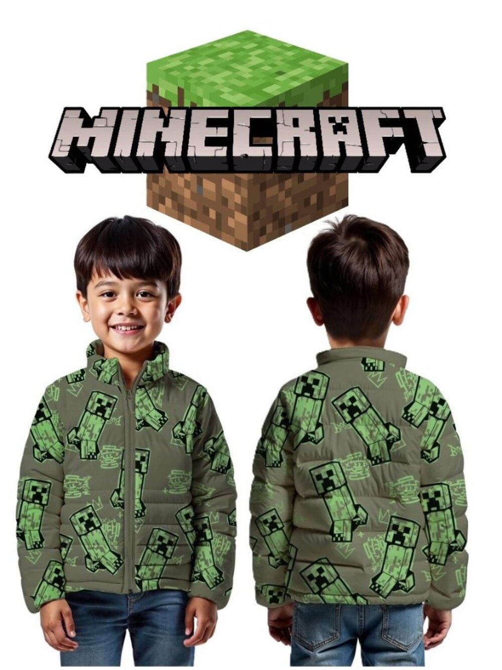 NEW Minecraft Boys Creeper Zip Puffer Jacket Lightweight Size 14 Zippered Size: